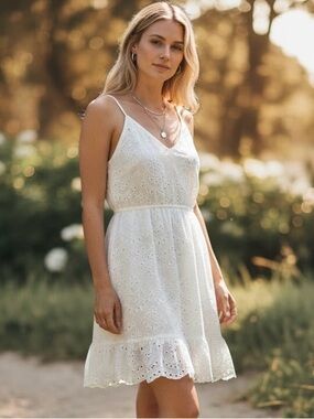 Japna White Eyelet Mini Dress with Spaghetti Straps